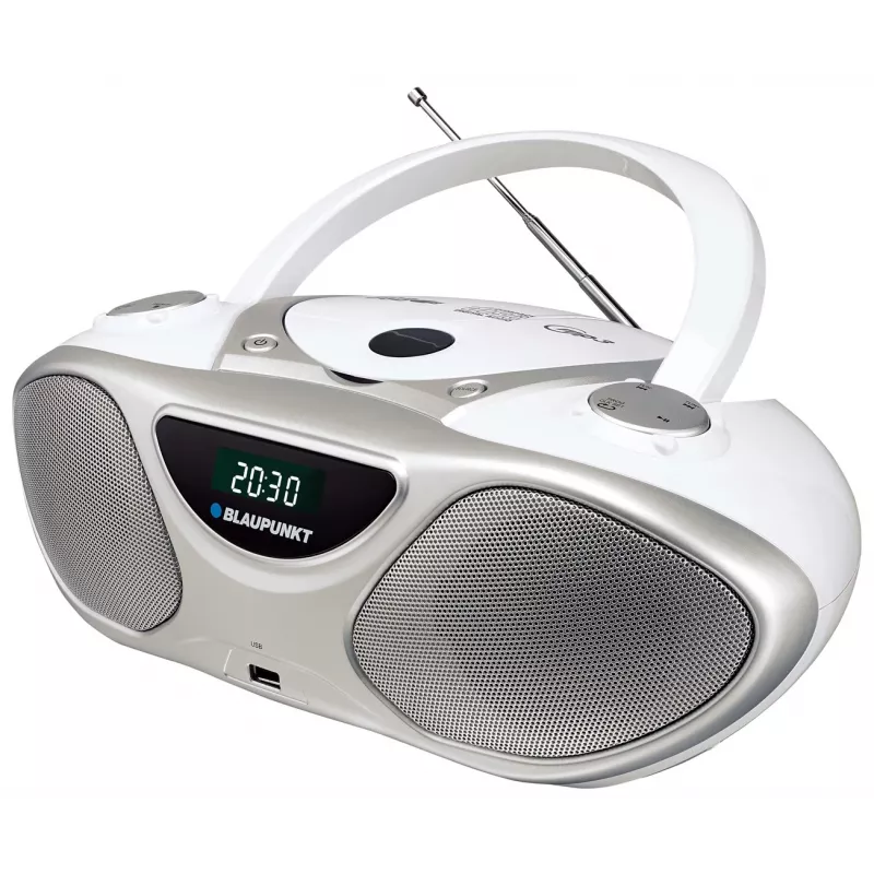 Odtwarzacz CD BLAUPUNKT BB14WH — odtwarzacz CD z odtwarzaniem MP3, USB, LCD, zegarem, głośnikami 2x1 W, srebrny/biały