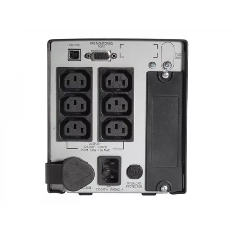 APC Smart UPS 750VA 230V USB z aprobatą UL, 0,75 kVA, 500 W, 50/60 Hz, 340 J, IEC 60320, 4,8 min
