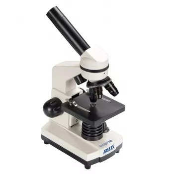 Mikroskop optyczny złożony Deltaoptical DO-3210 — monokularowy, 3 obiektywy achromatyczne, oświetlenie LED, 40–400×, głowica nachylana pod kątem 45° i obrotowa