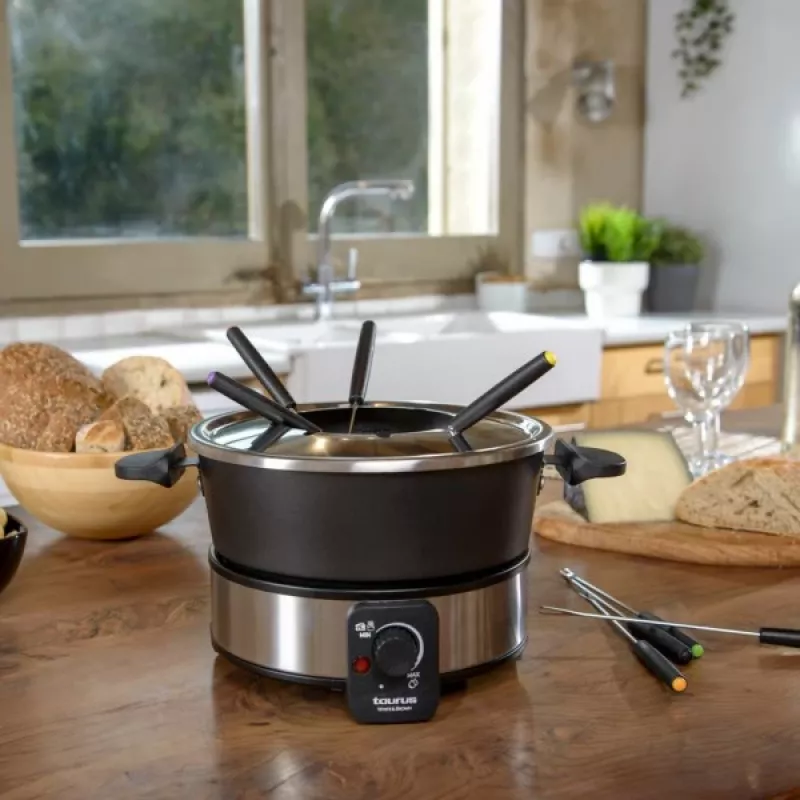 Zestaw do fondue Taurus FF2 2 l na 8 osób, obudowa ze stali nierdzewnej, 1000 W, 230 V, czarno-srebrny