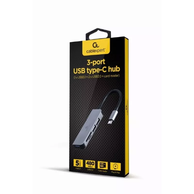 Stacja dokująca do laptopa Gembird UHB-CM-CRU3P1U2P2-01 — USB 3.2 Gen 1 Type-A, MicroSD/SD/SDHC/SDXC do 128 GB, srebrna
