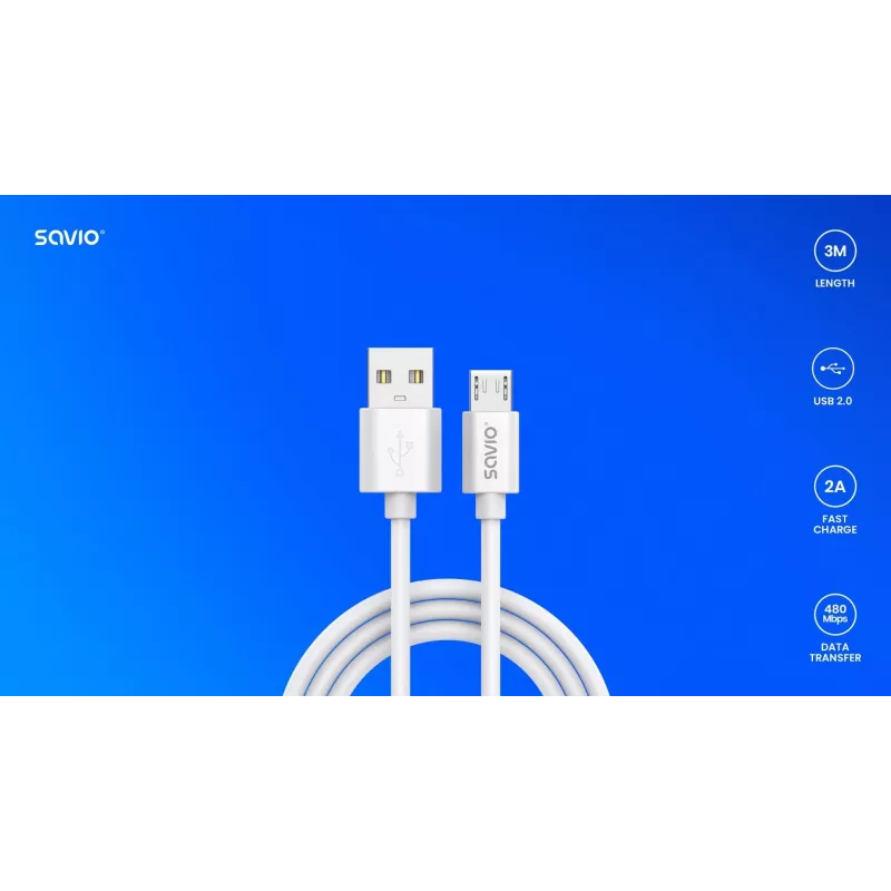Kabel Savio USB 2.0 USB A - Micro USB biały CL-167 3 m