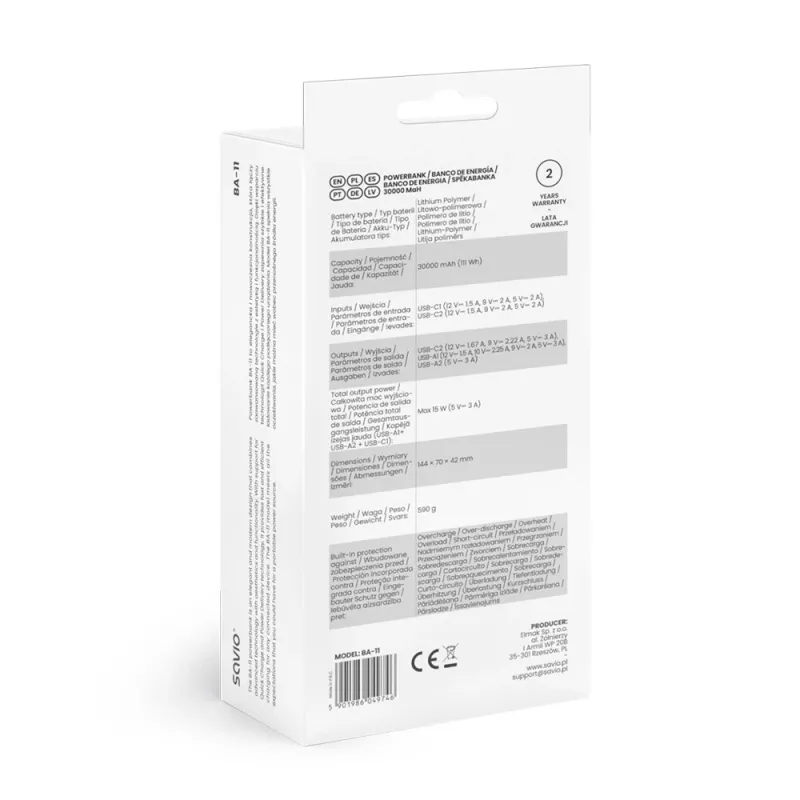 Power bank SAVIO BA-11 litowo-jonowy 3000 mAh, 3,7 V, USB-C x2, biały