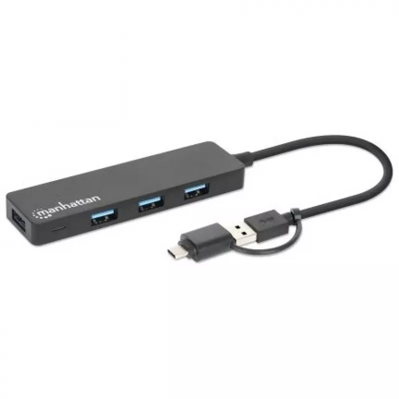 Manhattan USB-C & USB-A Combo Dock/Hub, Porty (4): USB-A (x4), 5 Gb/s (USB 3.2 Gen1 znane jako USB 3.0), zasilany przez USB (nie wymaga zewnętrznego zasilacza)