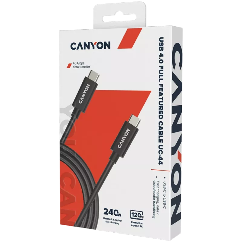 CANYON UC-44, kabel, U4-CC-5A1M-E, zestaw kablowy USB4 TYPE-C do TYPE-C 40G 1m 5A 240W(ERP) z E-MARK, CE, ROHS, czarny