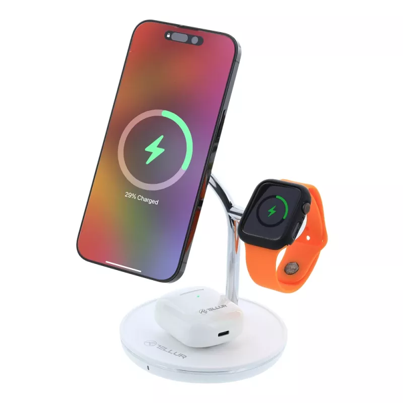 Bezprzewodowa ładowarka biurkowa Tellur TLL151391 3w1 MagSafe Szybkie ładowanie dla telefonu, zegarka i słuchawek
