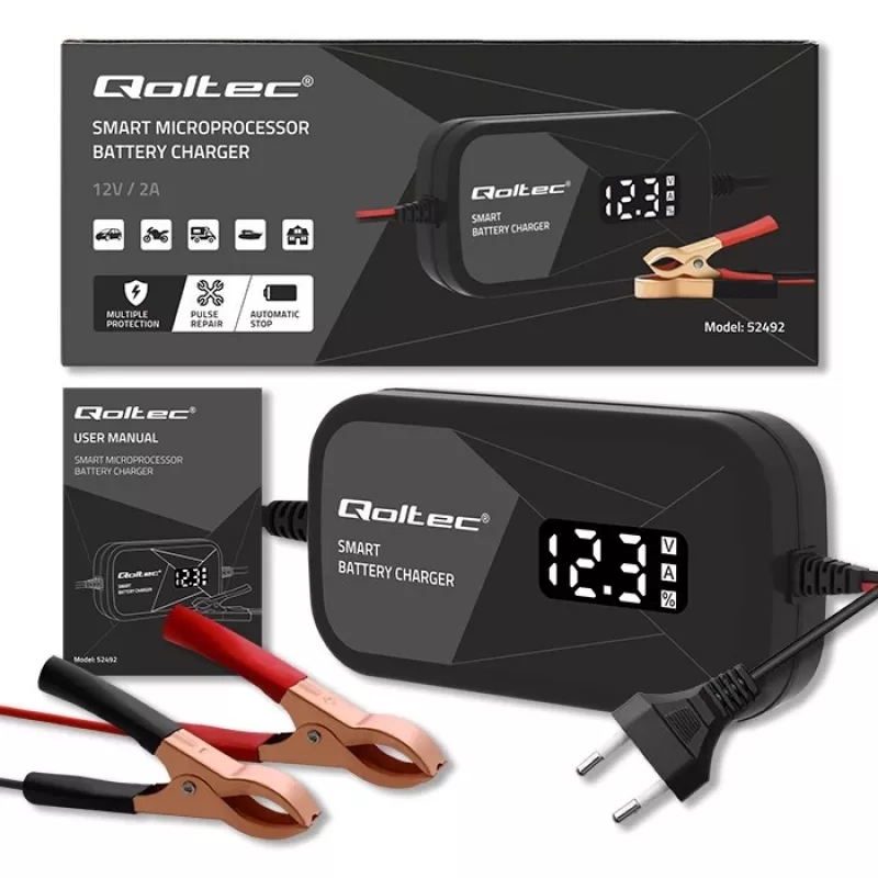 Ładowarka akumulatorów QOLTEC 52492 12V 2A z kontrolą mikroprocesorową i regeneracją ogniw