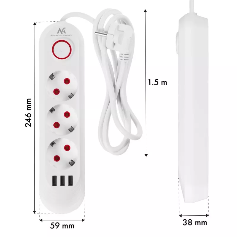 Listwa zasilająca MACLEAN MCE394W — 3 gniazda, 3×USB 2,1 A, 110–240 V AC, 2500 W, kabel 1,5 m, biała