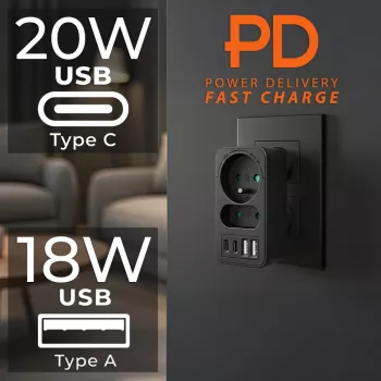 Rozgałęźnik zasilania MACLEAN MCE249 F/B — 2 gniazda AC (16A + 6A) z 2×USB-A i 2×USB-C PD 20W, wtyk EU, czarny