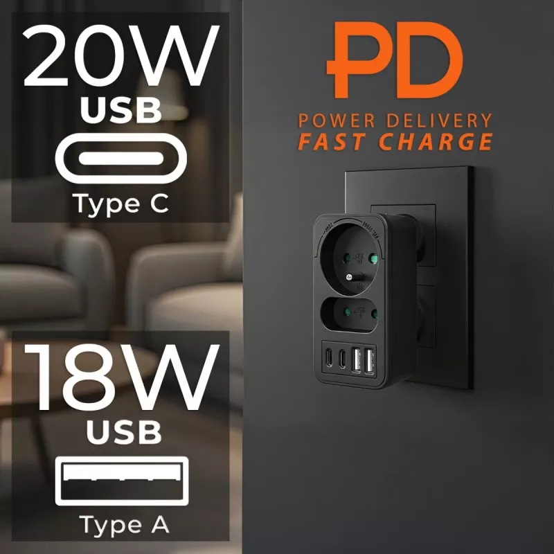 Rozgałęźnik zasilania MACLEAN MCE249 F/B — 2 gniazda AC (16A + 6A) z 2×USB-A i 2×USB-C PD 20W, wtyk EU, czarny