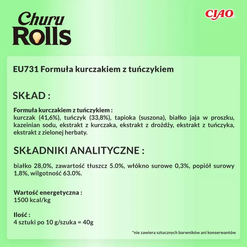 INABA Churu Rolls Przepis z kurczakiem owijane Przepis z tuńczykiem - przysmaki dla kota - 4x10 g
