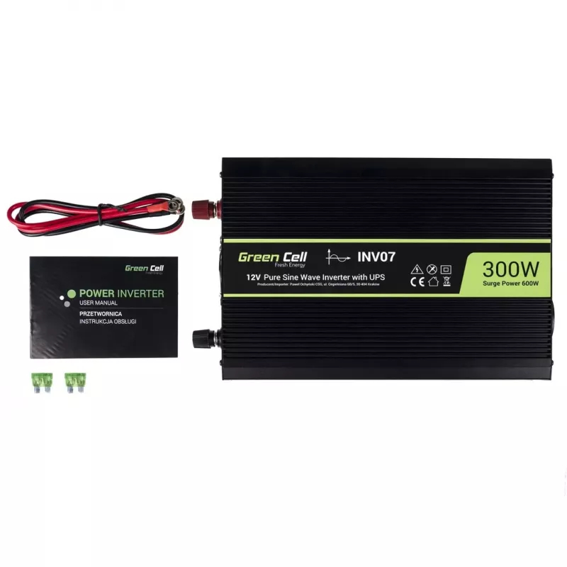 Przetwornica napięcia zielony Cell INV07, DC 12 V na AC 230 V, 300 W, 50 Hz, wtyczka typu C, czarna