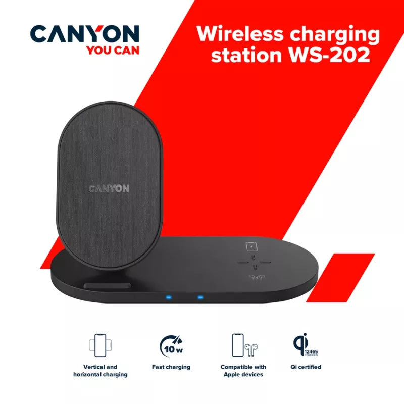 Ładowarka bezprzewodowa Dock 2w1 QI 10W/USB-C/LED czarna