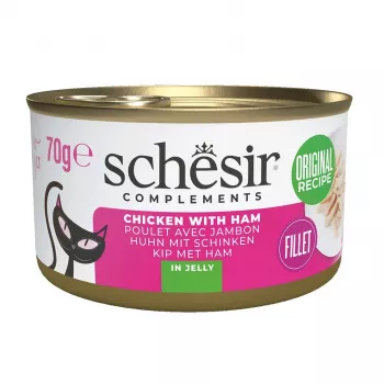 Agras Pet Foods SCHESIR mokra karma dla kota — kurczak z szynką w galarecie, 70 g, 12% białka, 86% wilgotności