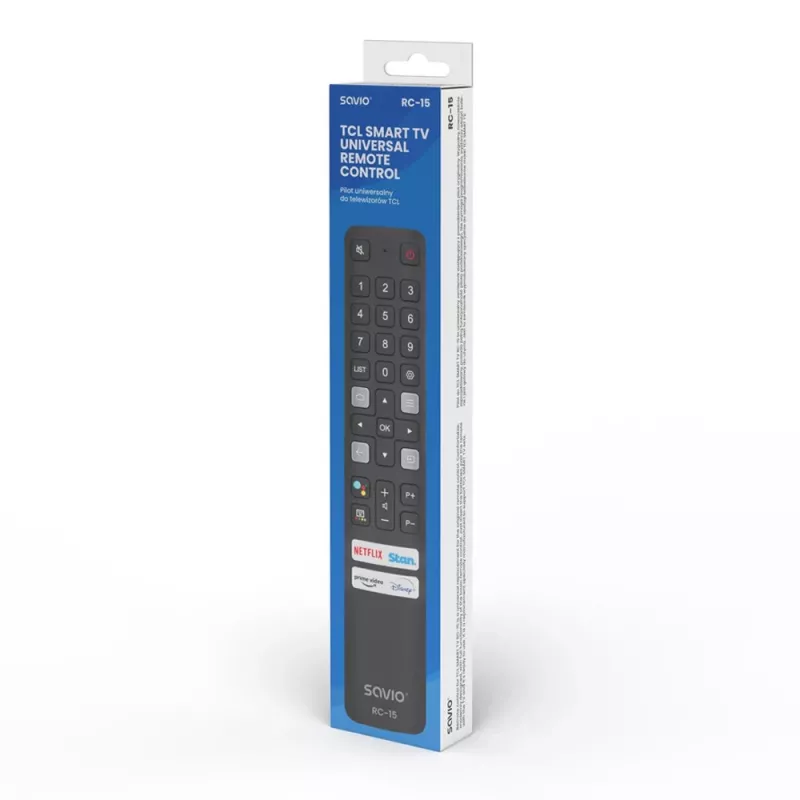 Uniwersalny pilot zdalnego sterowania SAVIO RC-15 do telewizorów TCL SMART TV, bezprzewodowy IR, czarny, zasięg 10 m