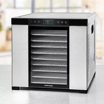 Suszarka do żywności Rommelsbacher DA1050, stal nierdzewna, 5 półek (10 tac ze stali nierdzewnej), regulowana temperatura 35–75 °C, timer 99 h, powierzchnia suszenia 1,6 m²