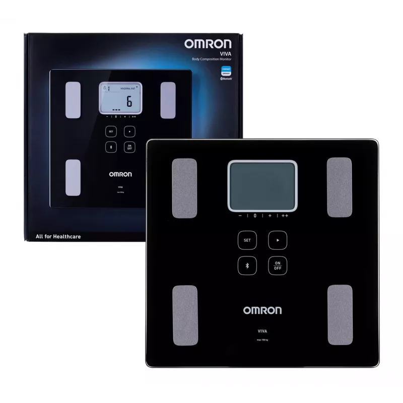 Elektroniczna waga osobista Omron VIVA — kwadratowa, czarna, maks. 150 kg, dokładność 100 g, tkanka tłuszczowa/BMI/BMR, pamięć dla 30 użytkowników