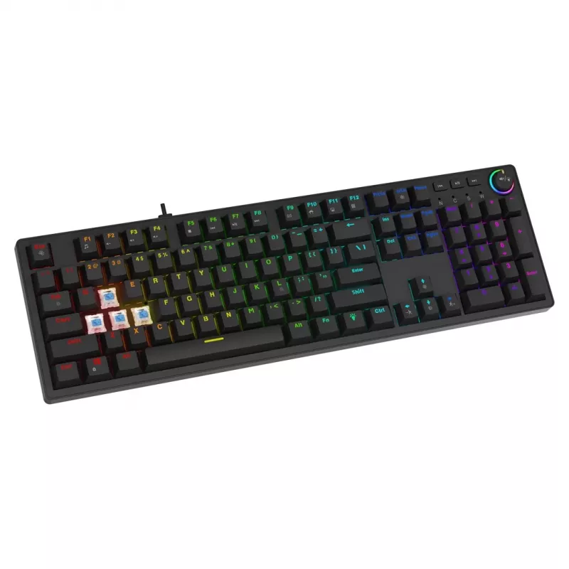 Klawiatura mechaniczna dla graczy SAVIO STYX Outemu niebieski Hot-Swap RGB USB QWERTY US International Czarna 104-klawiszowa pełnowymiarowa
