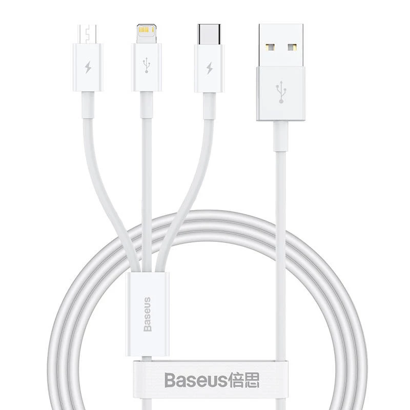 Kabel USB Baseus SUP0003529 — USB 3.2 Gen 1 (3.1 Gen 1), 1 m, USB-A na USB-C / Micro USB-A / Lightning, biały