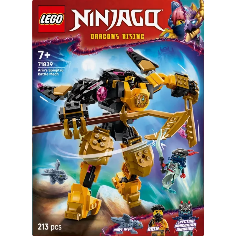 Zestaw konstrukcyjny LEGO NINJAGO 71839 Arin's Spinjitzu Battle Mech, 213 elementów, 2 minifigurki, wysokość 160 mm