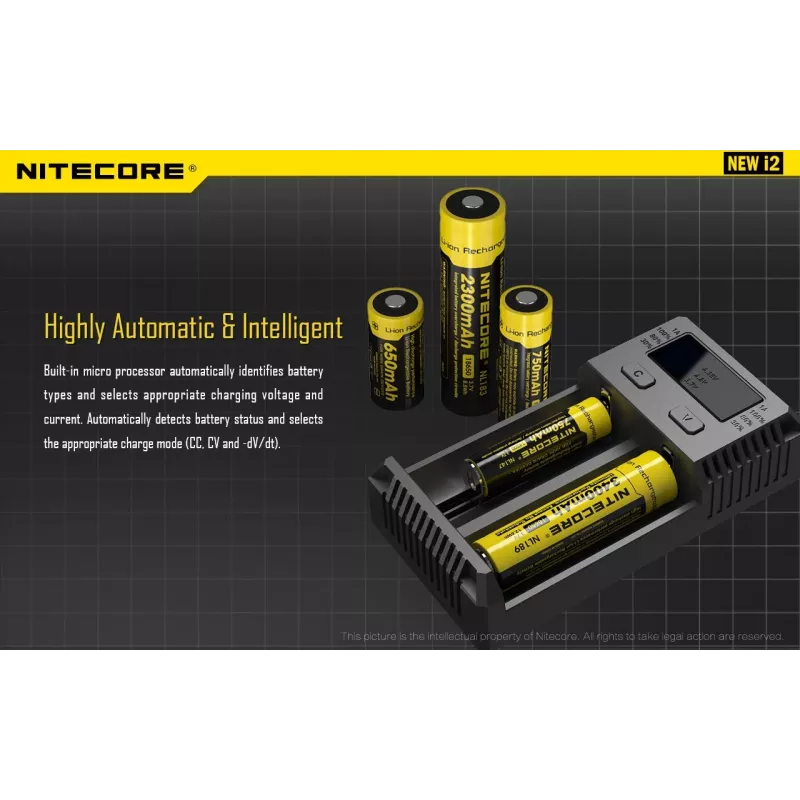 Ładowarka do akumulatorów Nitecore NEW i2 — ładowarka 2‑kanałowa dla LiFePO4, Li‑Ion, NiMH; wejście 100–240 V; wyjście 9–12 V; obsługuje AAAA/C/D/AAA/AA; czarna