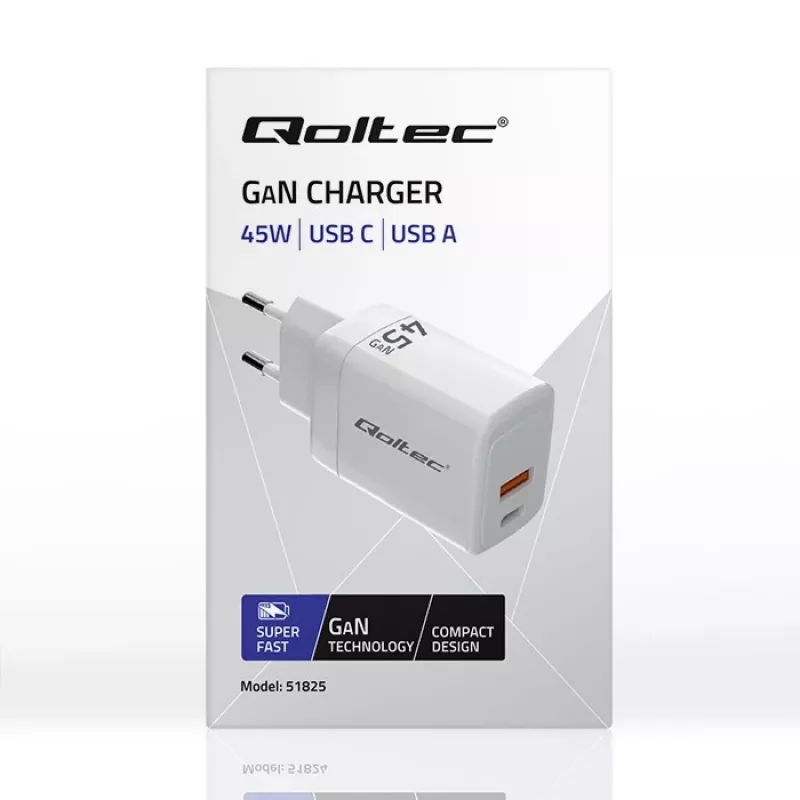 Ładowarka GaN 45W 5V 20V 1.5A 3A, 1xUSB C PD, 1xUSB A