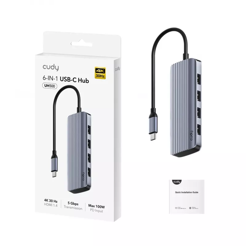 Hub USB-C Cudy UH500 — host USB 3.2 Gen 1 Type-C, 6 portów z USB 3.2 Gen 1 Type-A i HDMI, 5000 Mbit/s, szary/srebrny
