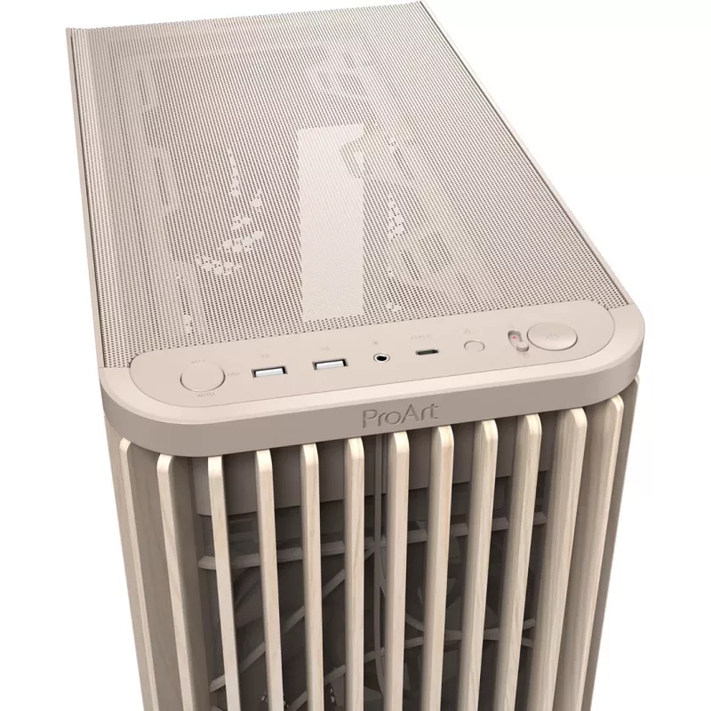 Obudowa PC ASUS PROART PA401 WOOD TG PWM BEŻOWA — ATX, 503×225×412 mm, 2×3,5 cala/2×2,5 cala, GPU do 315 mm