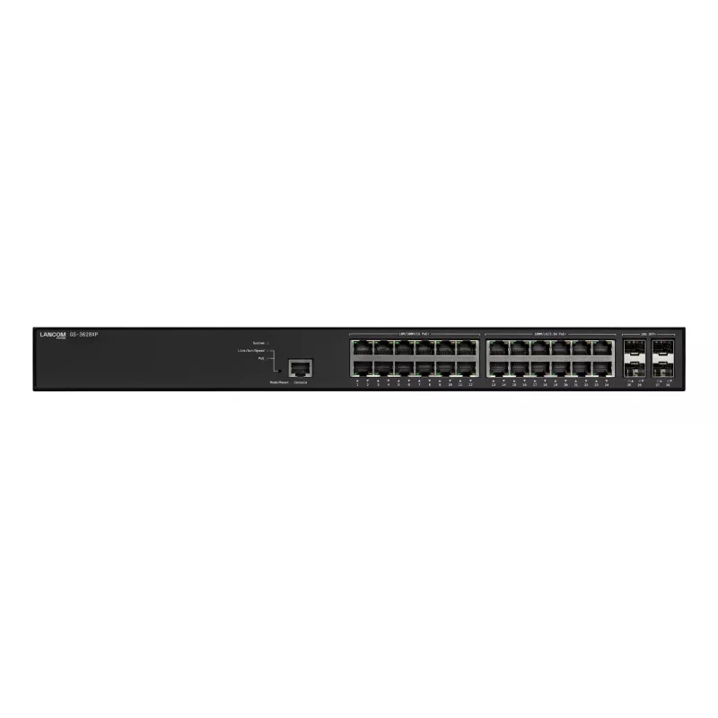 Zarządzany przełącznik LANCOM GS-3628XP, 24× porty RJ-45 2,5G, PoE, L2/L3, do montażu w szafie rack 1U