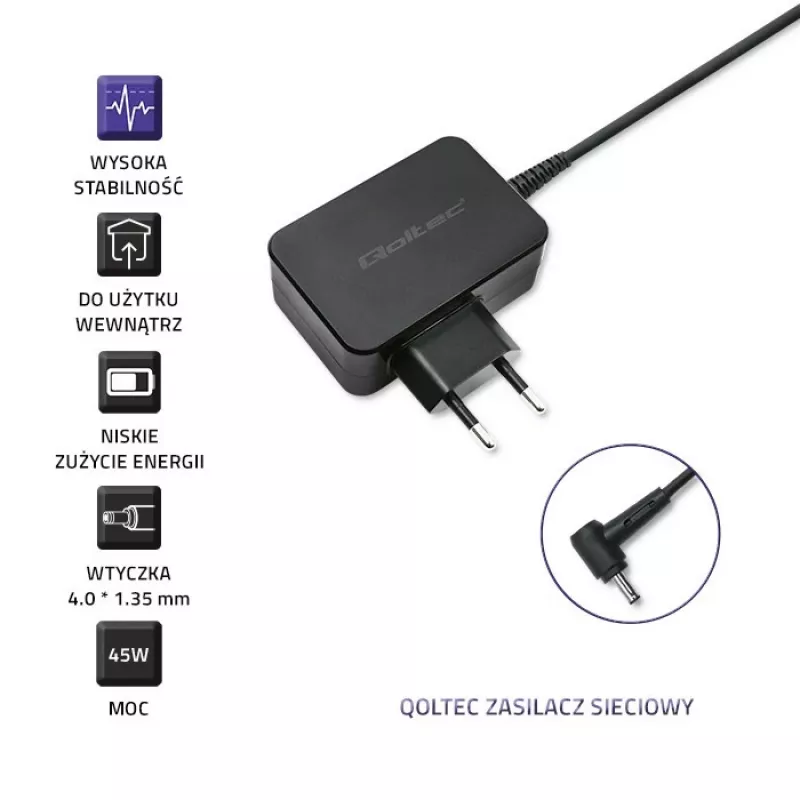 Zasilacz QOLTEC 45W 19V do urządzeń przenośnych — zasilacz zastępczy 45 W 19 V