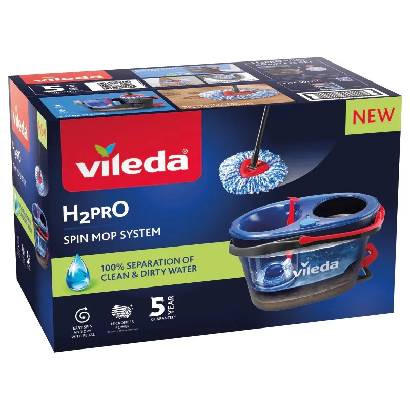 Mop do podłogi VILEDA z mikrofibry 320 mm, uchwyt teleskopowy 55–123 cm, zmywalny, głowica obrotowa 360°, czarny/niebieski/czerwony