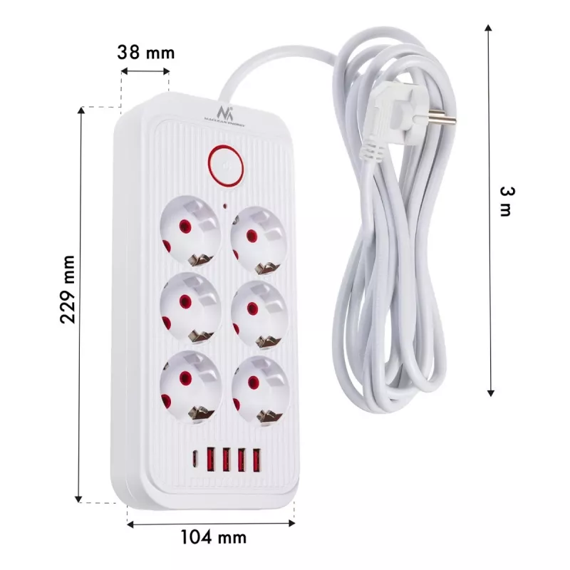 Listwa zasilająca MACLEAN MCE391 W — 6 gniazd, 4×USB-A + 1×USB-C, kabel 3 m, 110–240 V, 2500 W, biała