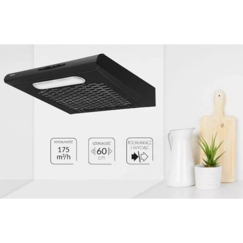 Okap podszafkowy MPM MPM-61-PX-73, czarna stal nierdzewna, 600×190×560 mm, 175 m³/h, filtr węglowy