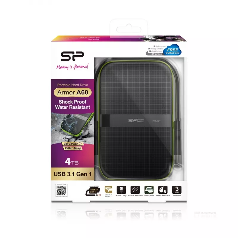 SILICON POWER Armor A60 - Festplatte - 4TB - extern (tragbar) - 2.5 (6,4 cm) - USB3.0 - Schwarz (SP040TBPHDA60S3K)