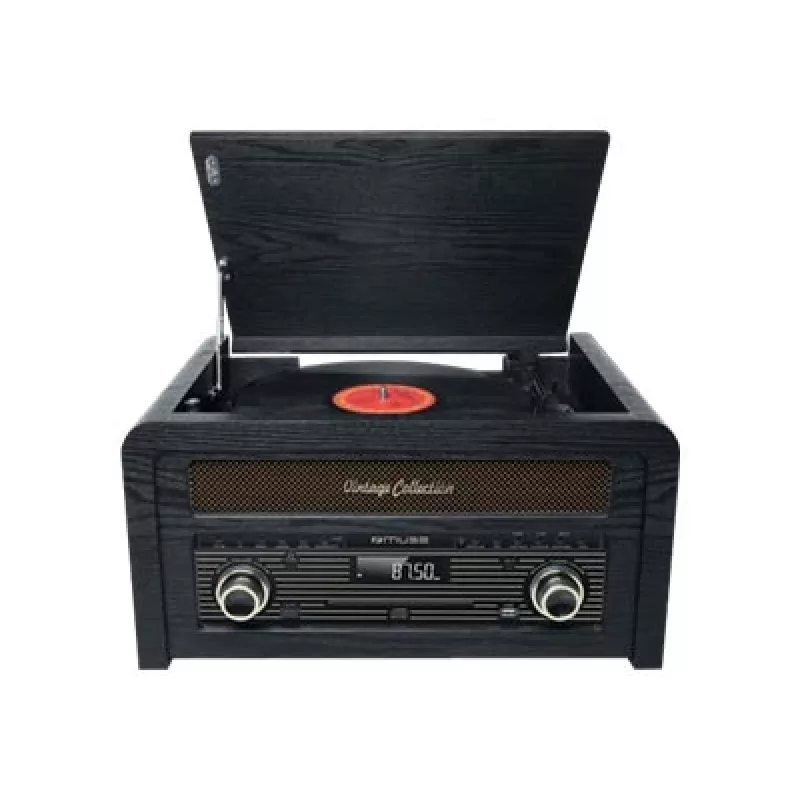 Gramofon muse MT-115 W — czarny/złoty, 33-45-78 obr./min, ramię w kształcie litery J, pokrętło głośności, 240 V AC