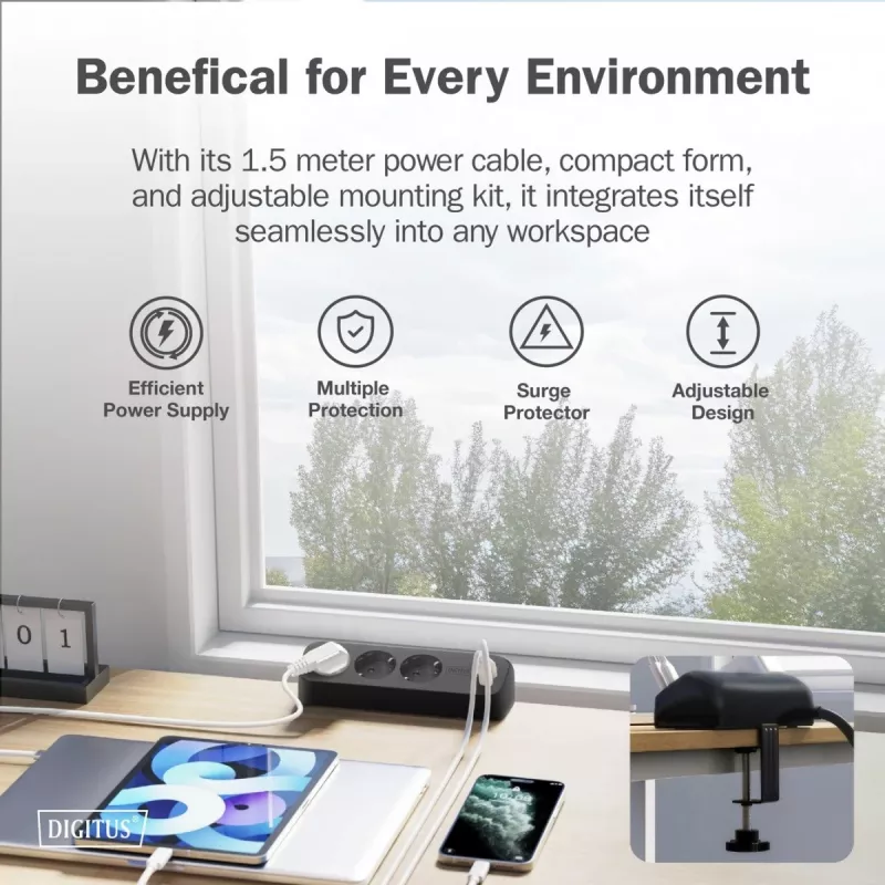 Listwa zasilająca DIGITUS 3-gniazdowa z 2×USB-A i 1×USB-C, 3 gniazda AC typu E/F, kabel 1,5 m, czarna