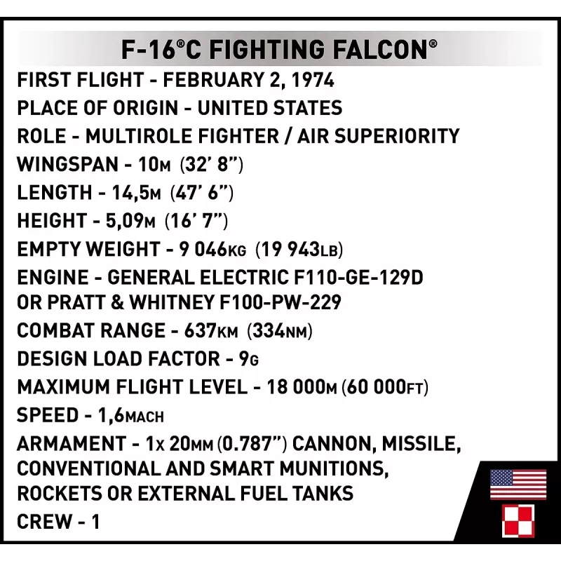 Zestaw konstrukcyjny Cobi F-16C Fighting Falcon — 463 elementy, model do sklejania w skali