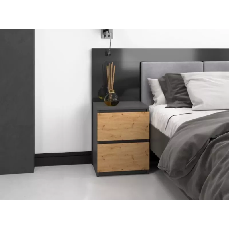 Topeshop W2 ANTRACYT/ARTISAN nightstand/Stolik nocny 2 szuflada(s) antracyt, dąb