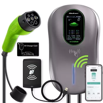 Wallbox QOLTEC stacja ładowania EV Typ 2 22 kW LCD 2 karty RFID 3-fazowy kabel 5 m system hotelowy