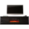 Stojak pod telewizor z kominkiem Cama Meble GRANERO — 200 x 56,7 x 35 cm, czarny/czarny połysk, 2 drzwi, 2 półki, drzwi przesuwne, MDF/płyta wiórowa
