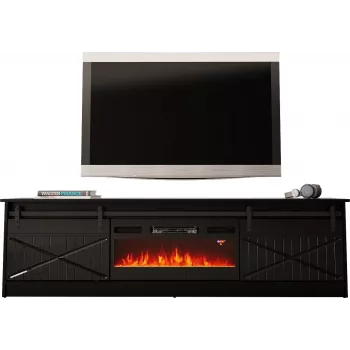 Stojak pod telewizor z kominkiem Cama Meble GRANERO — 200 x 56,7 x 35 cm, czarny/czarny połysk, 2 drzwi, 2 półki, drzwi przesuwne, MDF/płyta wiórowa