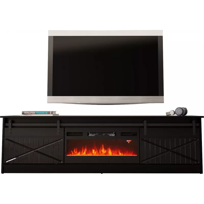 Stojak pod telewizor z kominkiem Cama Meble GRANERO — 200 x 56,7 x 35 cm, czarny/czarny połysk, 2 drzwi, 2 półki, drzwi przesuwne, MDF/płyta wiórowa