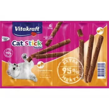 Sucha karma w formie patyczków dla kota Vitakraft 36 g — jagnięcina i indyk, białko 33,5%, tłuszcz 20%, wapń 10%
