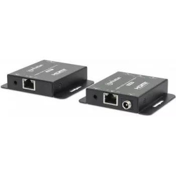 Manhattan 4K HDMI over Ethernet Extender Kit, Extends 4K@30Hz signal up to 40m or a 1080p@60Hz signal up to 70m with a single Cat6 Ethernet kabel, Transmitter and Receiver, Power over kabel (PoC), Czarny, Three Year Warranty
