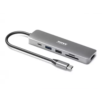 Hub interfejsu Port Designs 900162 USB Type-C — Wyjście USB Type-C, 3840x2160@60Hz, wejście 20V/5A, 117×34×13 mm, srebrny