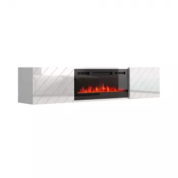 Szafka RTV cama meble LUXE 1826×345×375 mm biały połysk z wbudowanym czarnym kominkiem elektrycznym (1400–1600 W)