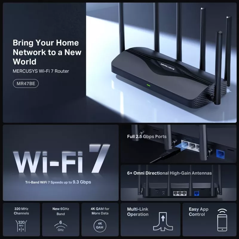 Router biurkowy MERCUSYS MR47BE — Trójpasmowe Wi‑Fi 7 (2.4/5/6 GHz), 9300 Mbps, 3× RJ‑45, 2.5GbE, 6 zewnętrznych anten