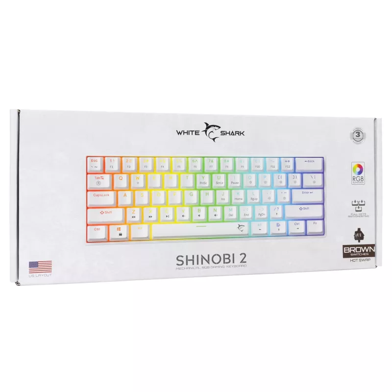 Klawiatura mechaniczna White Shark Shinobi-2 Brown Switch układ US — kompaktowa konstrukcja, przełączniki Brown