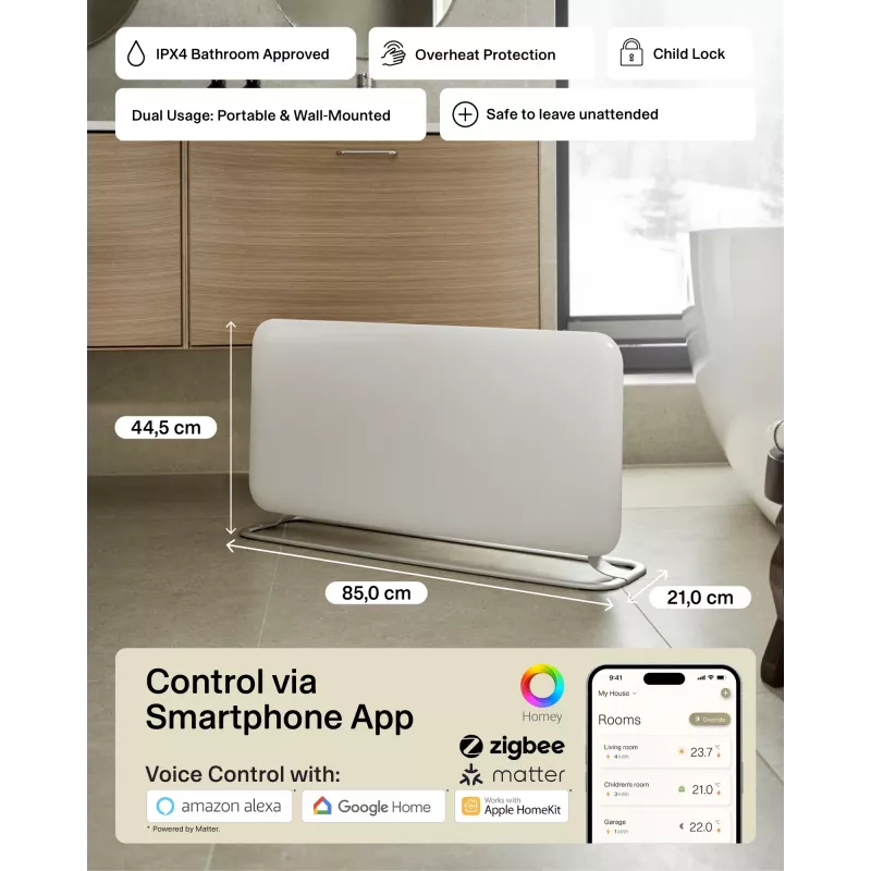 Mill WiFi Panel Heater | PA1500WIFI4A | Panel Heater | 1500 W | Odpowiedni do pomieszczeń do 22 m² | Biały | IPX4