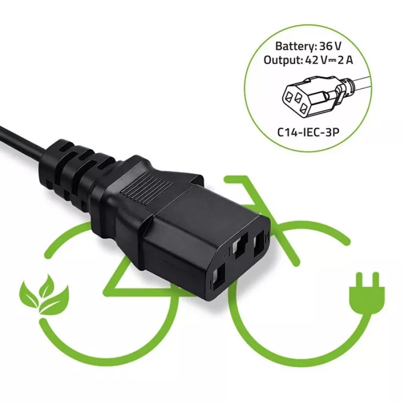 Ładowarka QOLTEC 36V–42V 2A z wtykiem C14 IEC 3-pin do akumulatorów e-bike
